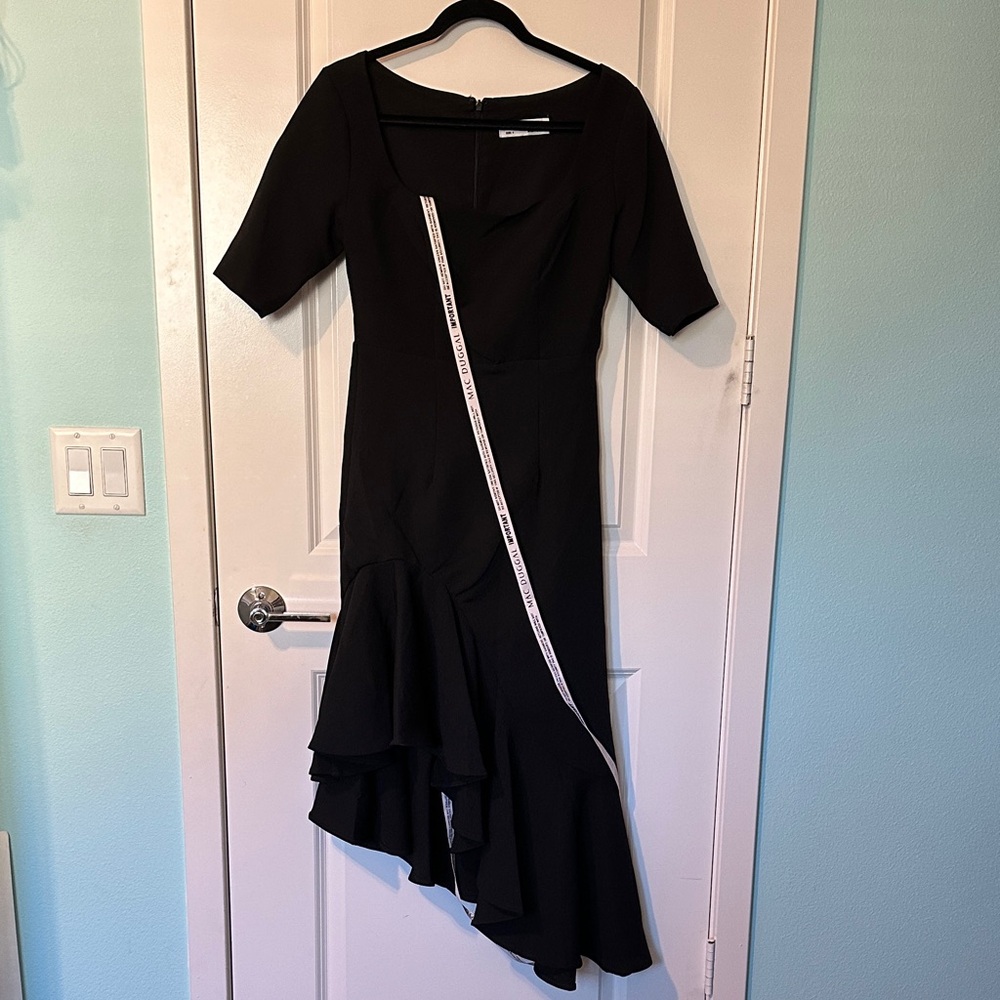 Mac Duggal Black Crepe 3/4 Sleeve Asymmetrical Hem Dress NWT